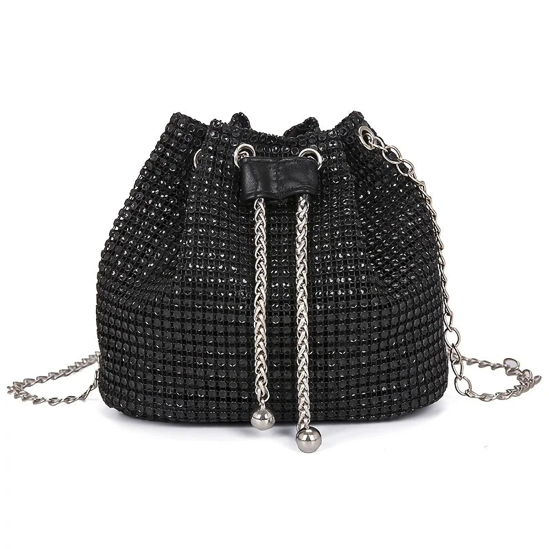 Elegant Crystal Rhinestone Crossbody Evening Bag – Metallic Drawstring Bucket Purse with Gold Chain