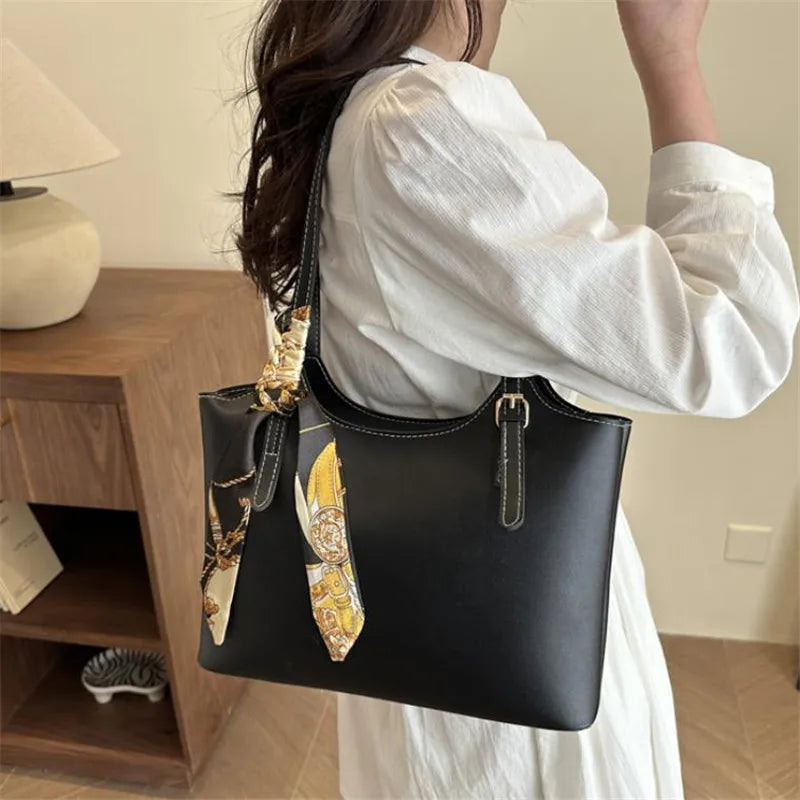 Classic Chic PU Leather Tote Bag with Scarf Accessory