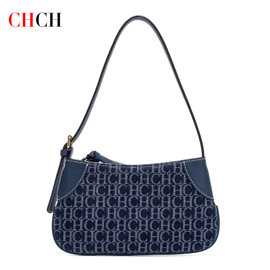 Premium Monogram Denim Shoulder Bag – Vintage Leather Trim Underarm Purse