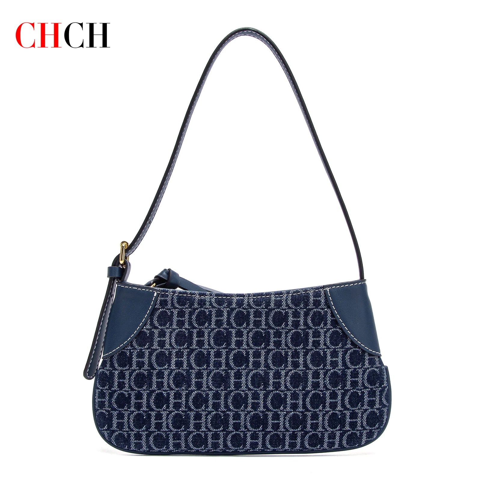 Premium Monogram Denim Shoulder Bag – Vintage Leather Trim Underarm Purse