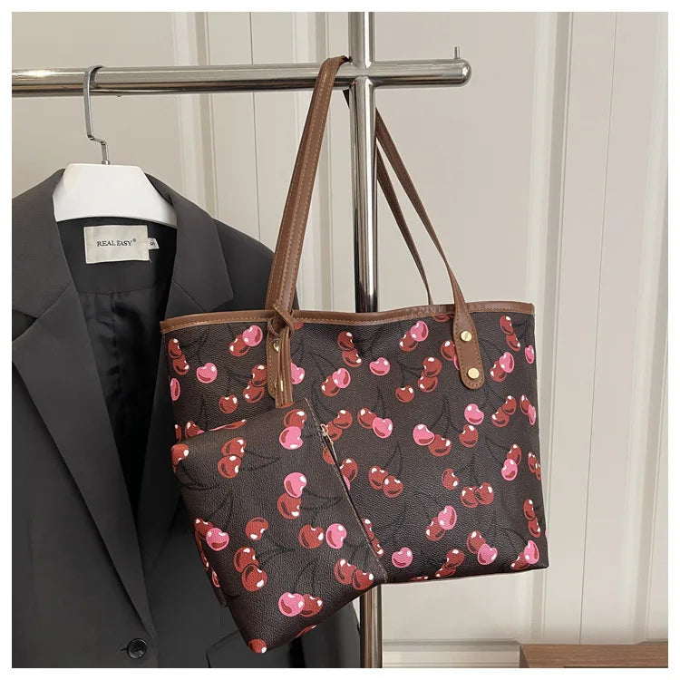 Chic Cherry Print Leather Tote Bag with Matching Pouch – Spacious Casual Shoulder Bag for Women