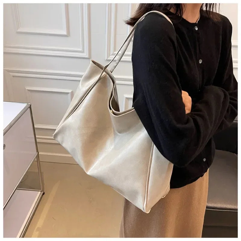 Modern Glossy PU Leather Tote Bag | Large Capacity Soft Shoulder Shopping Bag for Women