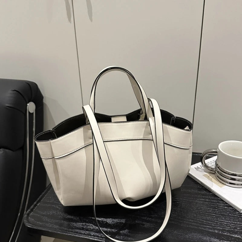 Classic Contrast-Stitch Structured Tote Bag with Double Top Handles (Brown)