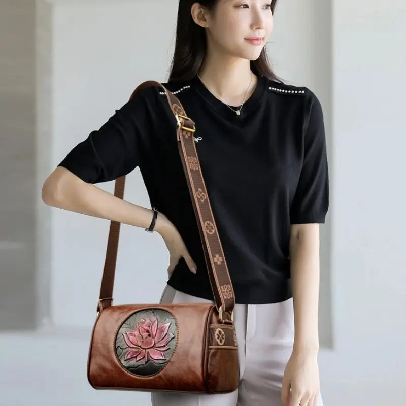 Vintage Embossed Lotus Flower Barrel Bag – Chic Wide-Strap Crossbody & Shoulder Bag for Women