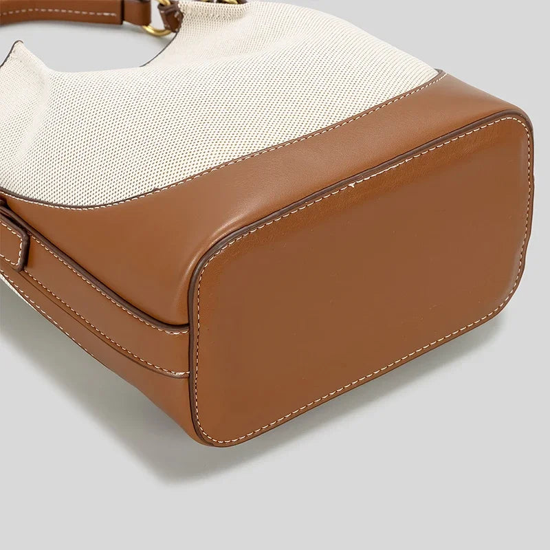 Casual Canvas & Leather Trim Bucket Crossbody Bag