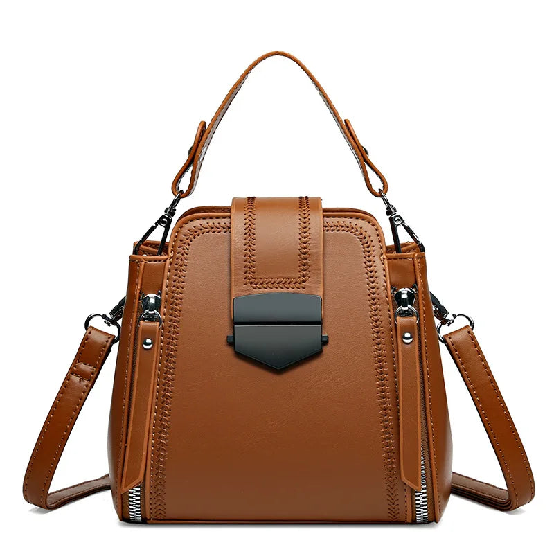 Modern Brown Leather Top-Handle Handbag | Stylish Multi-Zipper Crossbody Bag for Women