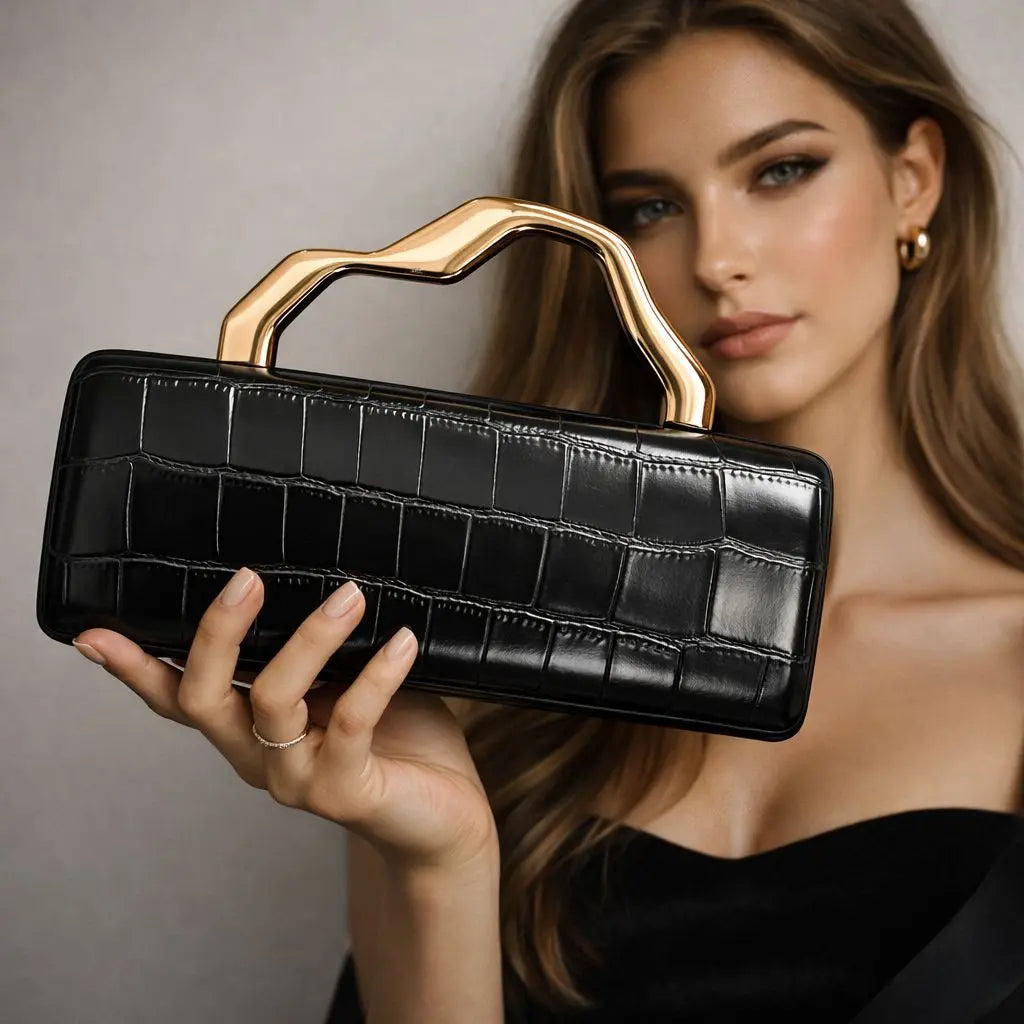 Luxurious Crocodile Texture Evening Clutch Bag for Women | Elegant Gold Metal Handle Party Purse & Crossbody