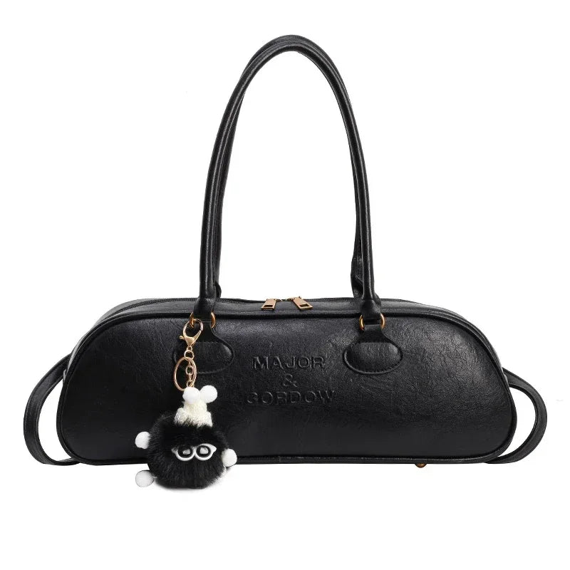 Chic Brown Barrel Shoulder Bag with Cute Fuzzy Charm | Aesthetic Tote Purse