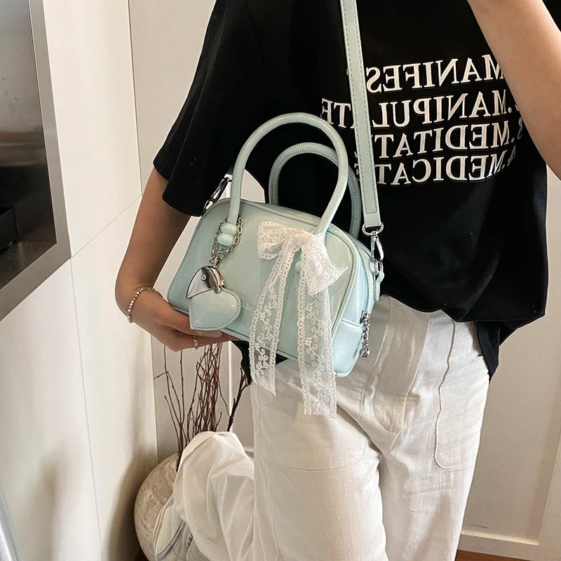 Aesthetic PU Leather Boston Bag / Crossbody Bag with Lace Bow & Heart Pendant