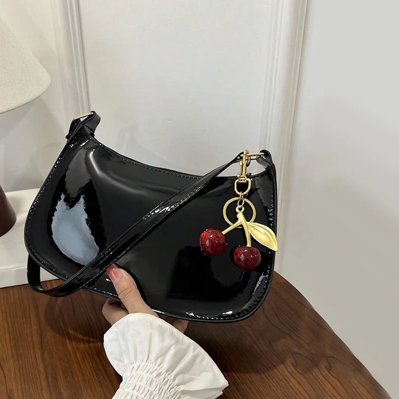 Trendy Glossy Cherry Red Patent Leather Shoulder Bag with Cute Cherry Bag Charm