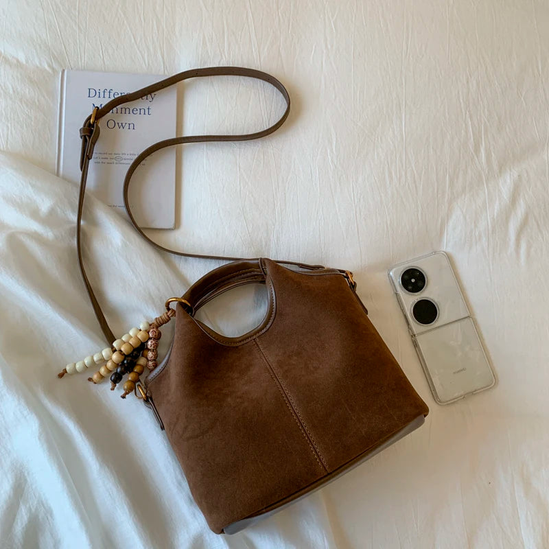 Vintage Suede Brown Tote & Crossbody Bag with Beaded Charm