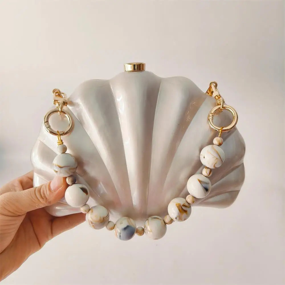 Elegant Pearlescent Seashell Evening Clutch Bag with Marble-Patterned Beaded Chain - Luxury Party Handbag