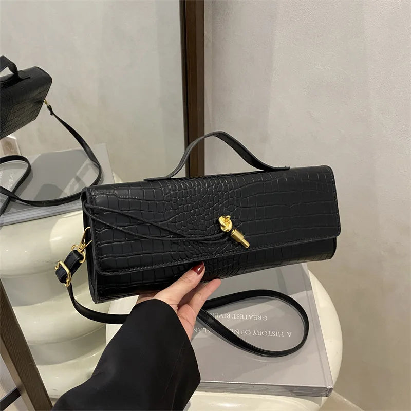 Chic Crocodile Pattern Elongated Shoulder Bag for Women | Elegant Top Handle & Crossbody Handbag with Lock Detail