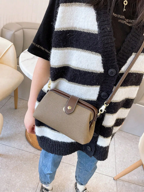 Chic Canvas & PU Leather Crossbody Bag for Women | Vintage Doctor Bag Style Shoulder Handbag