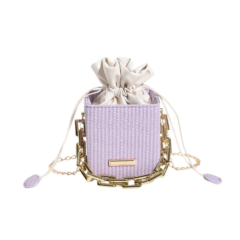 Chic Woven Texture Mini Bucket Bag with Drawstring and Chunky Chain