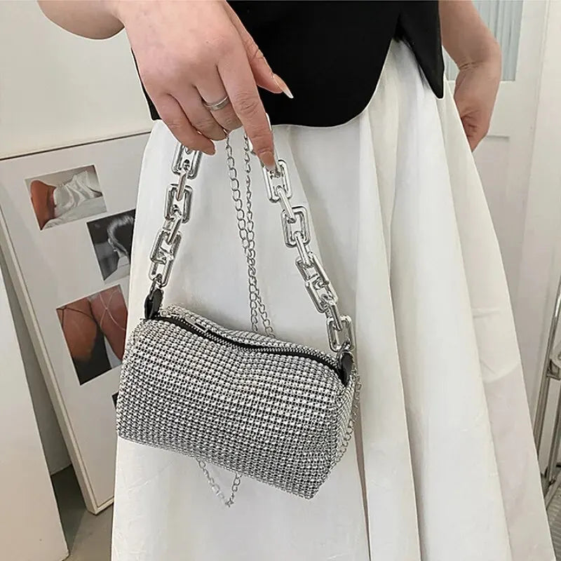 Glamorous Silver Rhinestone Evening Bag | Thick Chain Link Sparkly Crossbody Clutch