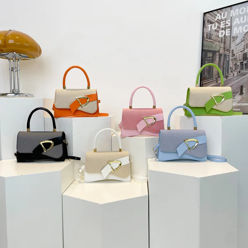 Modern Curved PU Leather & Straw Handbag
