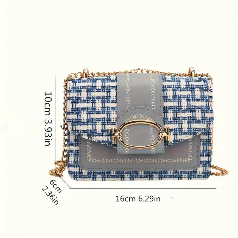Chic Tweed & PU Leather Flap Crossbody Bag with Gold-Tone Hardware